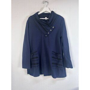 Chalet et Cici Womens Cowl Neck Tunic Top Large Blue with Stripe Artsy Pockets